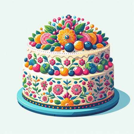 Birthday cake decorated with colorful flowers and berries. Vector illustration.