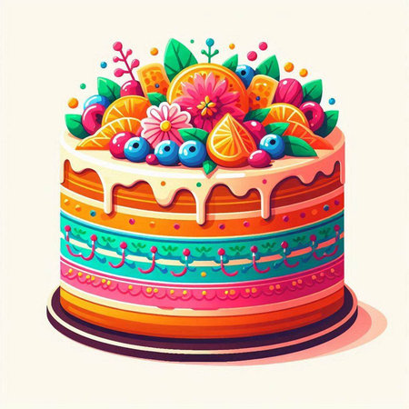 Cake with berries and fruits. Vector illustration of a birthday cake.