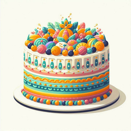 Birthday cake with colorful sweets and candies. Vector illustration.