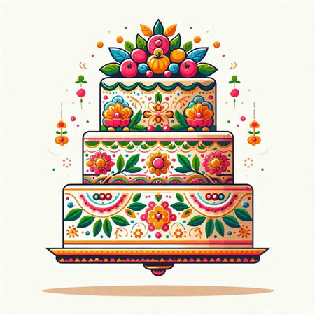 Beautiful wedding cake with flowers and berries. Vector illustration in retro style.