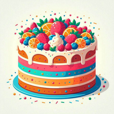 Birthday cake with berries and cream on top. Vector illustration.