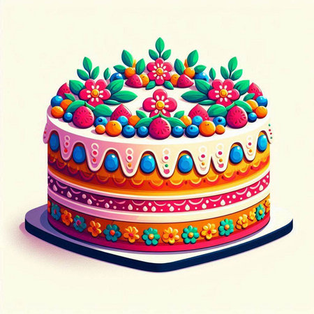 Illustration of a beautiful cake decorated with berries and flowers on a white background