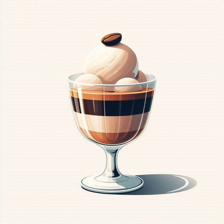 Illustration of a glass cup of coffee with ice cream and coffee beans