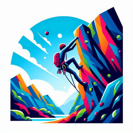 Climber reaching the top of the mountain. Colorful vector illustration.