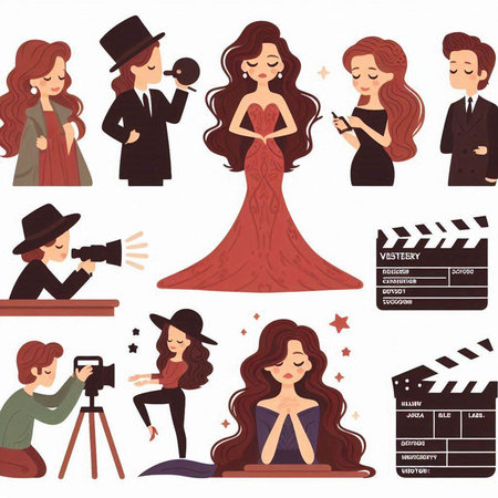 Cinema icons set with woman in different situations. Vector illustration