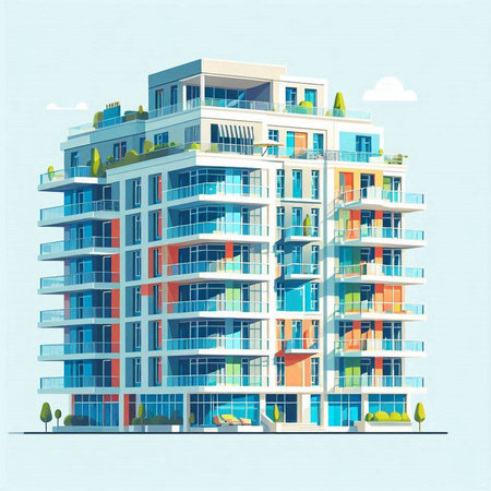 Modern apartment buildings on a sunny day. Vector illustration. Eps 10