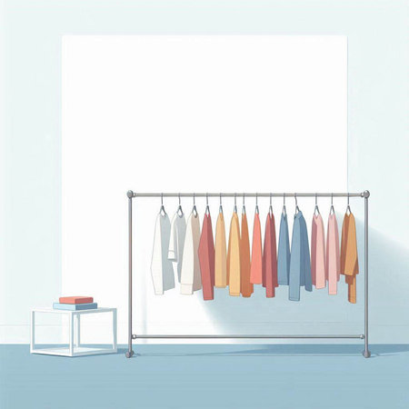 Illustration of a hanger with clothes in a modern room.