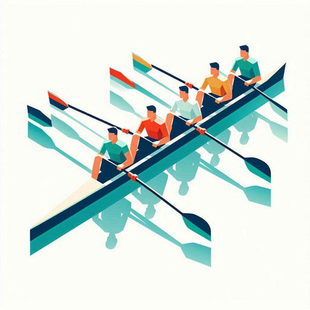 Group of people rowing with rowing boat. Flat design vector illustration.のイラスト素材