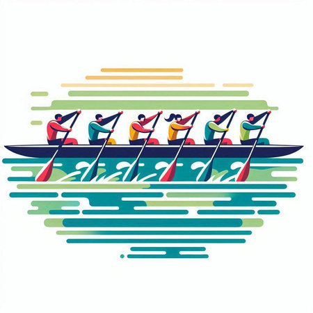 Group of people rowing in a rowboat. Vector illustration.