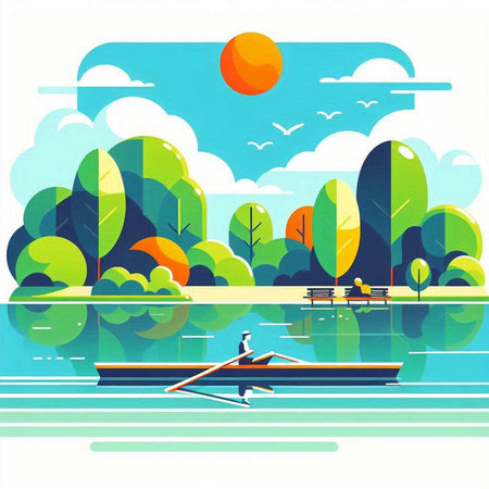 Fisherman in a boat on the lake. Vector illustration.