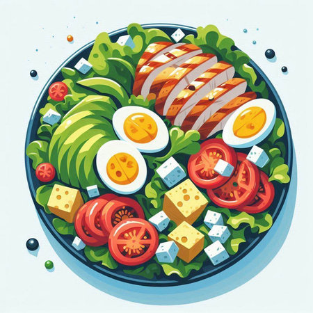Healthy salad with chicken and vegetables. Vector illustration in cartoon styleのイラスト素材