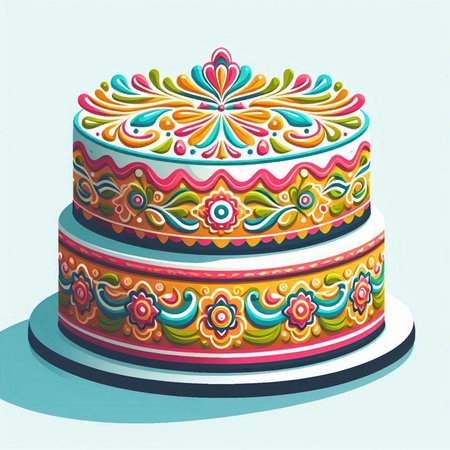 Colorful cake with floral ornament. Vector illustration in retro style.
