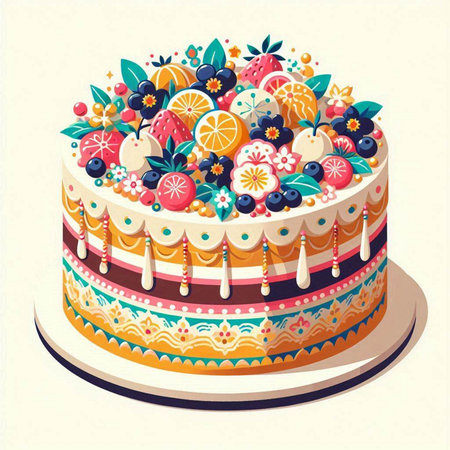 Cake decorated with flowers and fruits. Vector illustration in retro style.