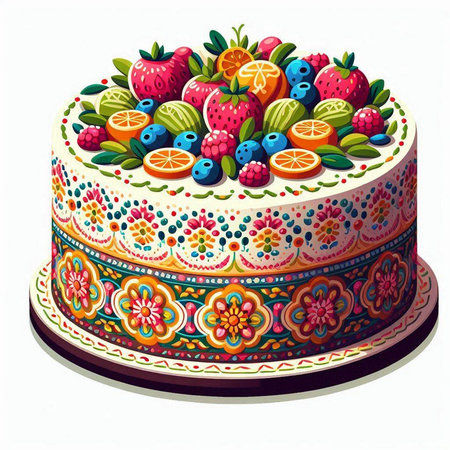 Cake decorated with fruits. Isolated on a white background.