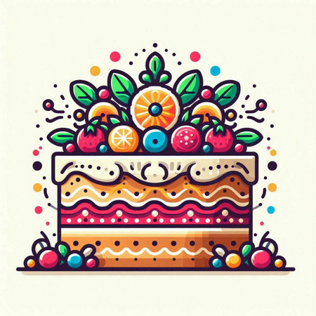 Cake decorated with fruits and berries. Vector illustration in flat style.
