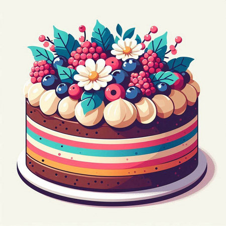 Cake with berries and leaves. Vector illustration in cartoon style.