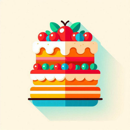 Cake with fruits and berries. Flat design. Vector illustration.