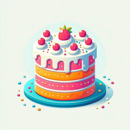 Illustration of a cake with cherries and cream on a blue background