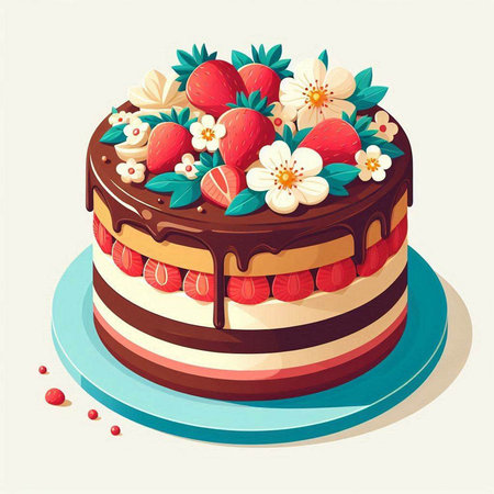 Illustration of a chocolate cake with strawberries and daisies.