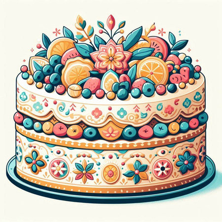 Birthday cake decorated with fruits and flowers. Hand drawn vector illustration.