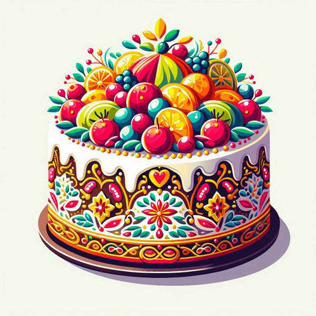 Cake decorated with fruits. Vector illustration of a cake decorated with fruits.