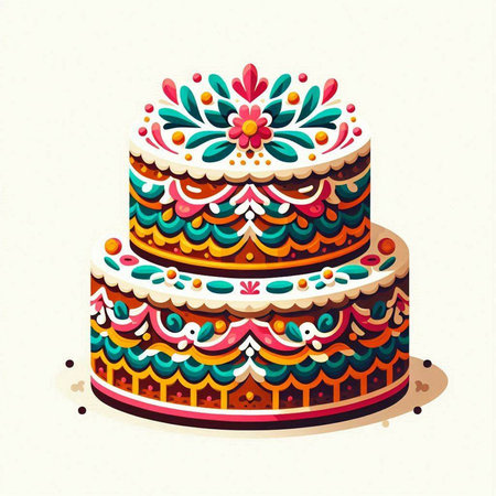 Illustration of a cake with colorful ornament on a white background.