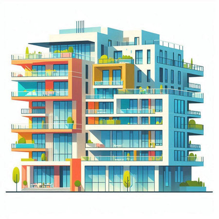 Modern multi-storey residential building on a white background. Vector illustration.