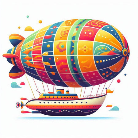 Colorful hot air balloon with ship in the sky. Vector illustration.