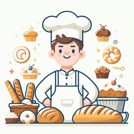 Cute little boy in chef hat and apron holding a tray with different types of bread and muffins....