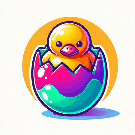 Vector illustration of a cute yellow rubber duck in an egg shell.