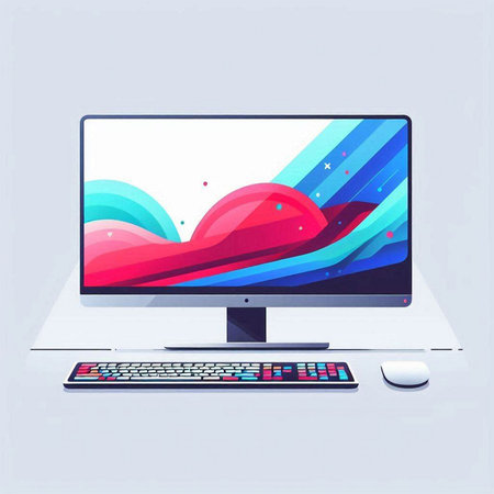 Vector illustration of a modern computer monitor and keyboard with colorful abstract background