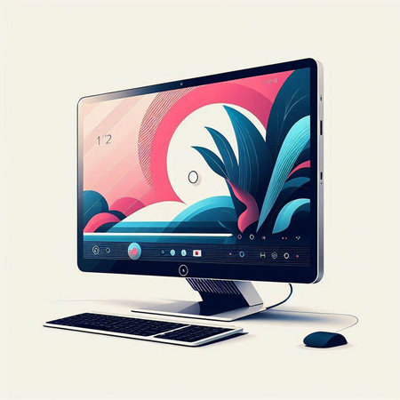 Computer monitor with abstract graphic design on the screen. Vector illustration.