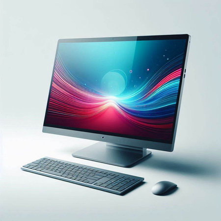 Computer monitor with abstract colorful lines on gray background. 3d illustration