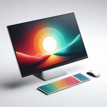 Computer monitor with colorful screen and keyboard on white background. 3D rendering