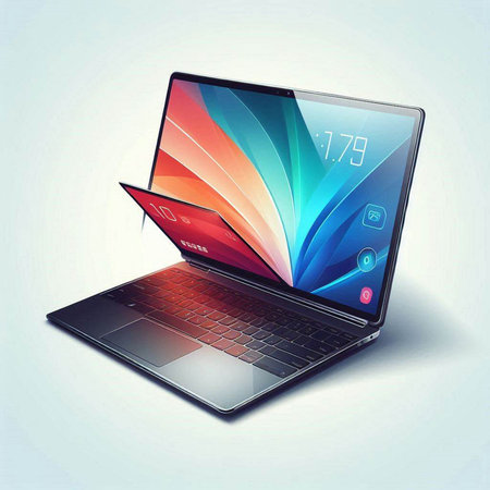 Laptop computer with colorful abstract design on the screen. Vector illustration.