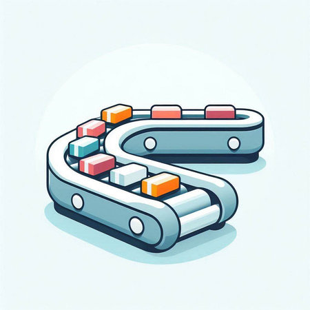 Vector illustration of a conveyor belt with boxes on a white background