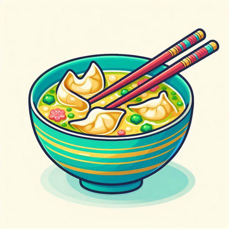 Illustration of a bowl of dumpling soup with chopsticks