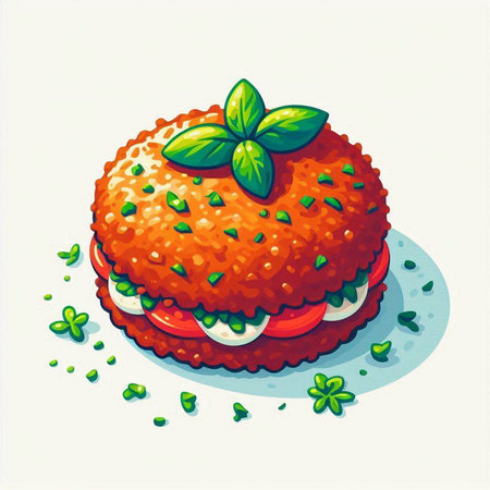 Illustration of a cake with tomato and basil on a white background
