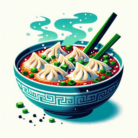 Illustration of Chinese soup with dumplings in a bowl.のイラスト素材