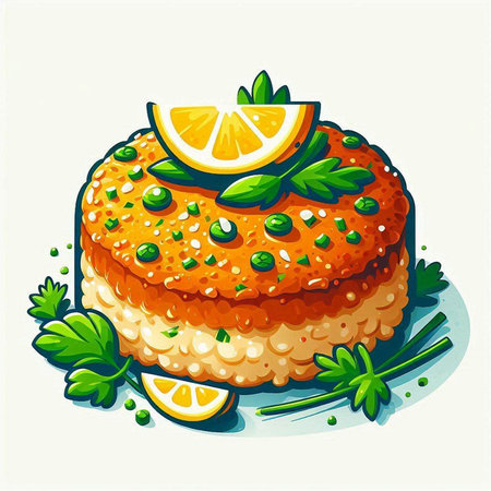 Illustration of a piece of fish cake with lemon and parsley