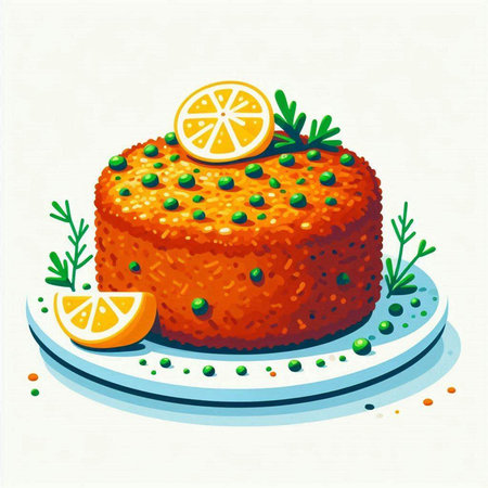 Orange cake with green peas and lemon on a plate. Vector illustration.