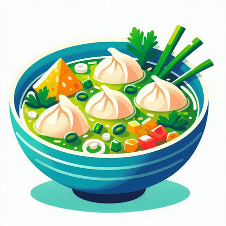 Bowl of soup with dumplings and vegetables. Vector illustration.