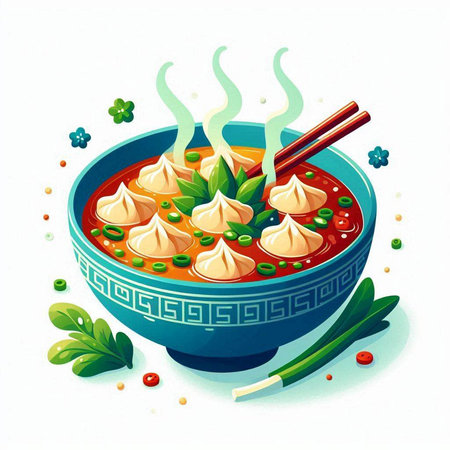 Illustration of a bowl of Chinese soup with dumplings and chopsticks