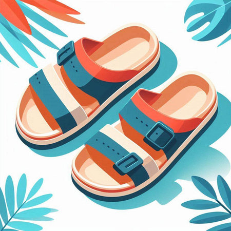 Children's sandals on a background of tropical leaves. Vector illustration.