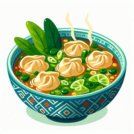 Illustration of a bowl of oriental soup with dumplings