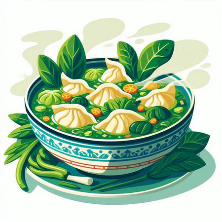Illustration of a bowl of dumplings with vegetables and herbs
