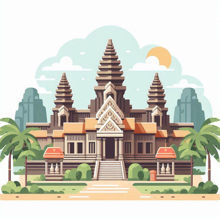 Angkor Wat temple in Cambodia. Vector illustration in flat styleのイラスト素材