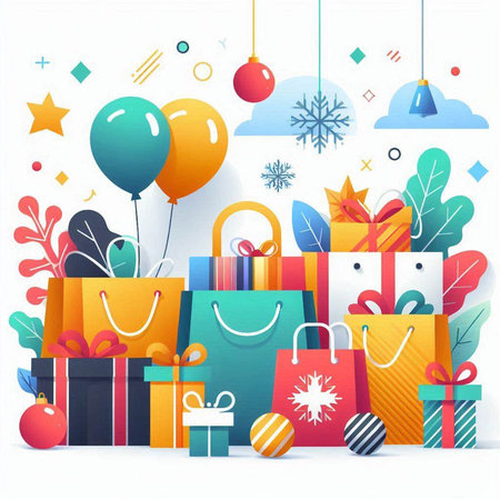 Colorful shopping bags with gifts, balloons and snowflakes. Vector illustration.のイラスト素材