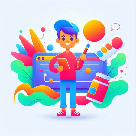 Boy with paintbrushes and palette. Vector illustration in cartoon style