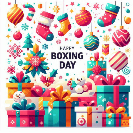 Happy Boxing Day Greeting Card with Gifts and Decorations.のイラスト素材